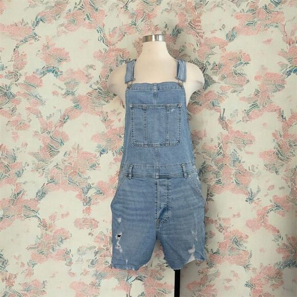 Abercrombie & Fitch Distressed Blue Denim Short Overalls Medium Retro - Picture 1 of 6
